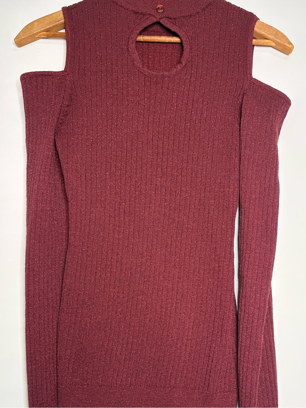Say What? Off-the-Shoulder Ribbed Sparkly Sweater in Burgundy